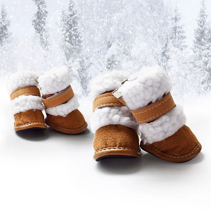 Thick lamb wool pet shoes for small dogs winter non-slip suede dog booties in blue khaki pink