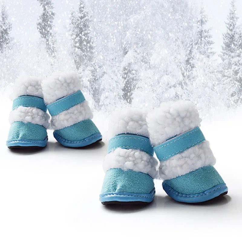 Thick lamb wool pet shoes for small dogs winter non-slip suede dog booties in blue khaki pink