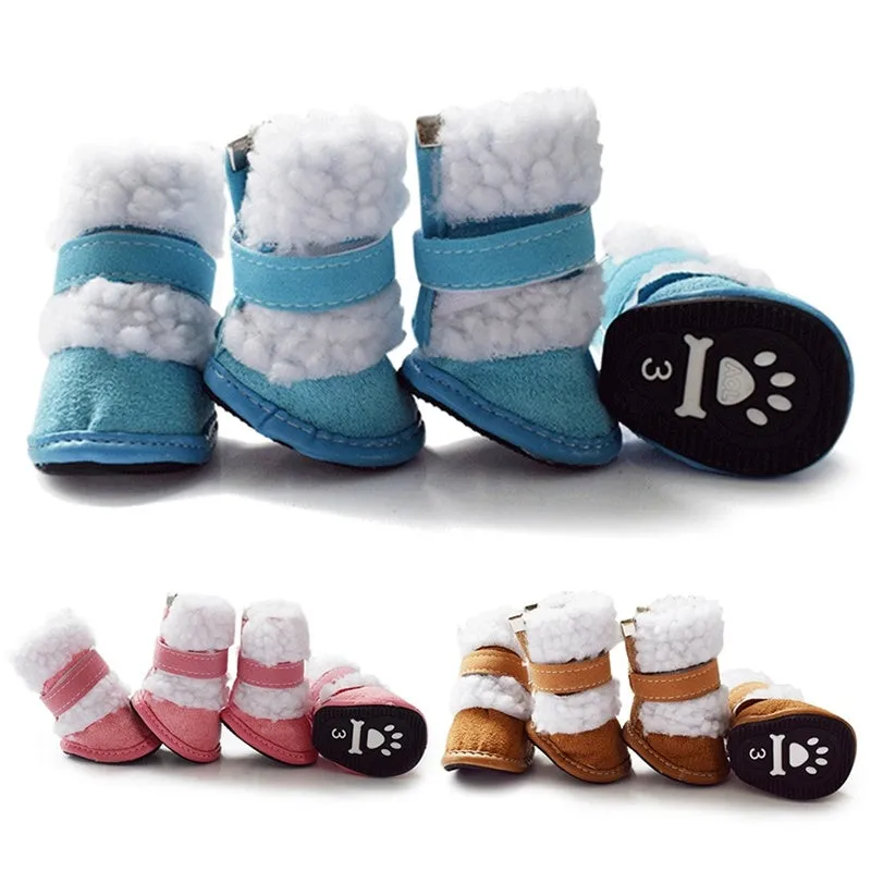 Thick lamb wool pet shoes for small dogs winter non-slip suede dog booties in blue khaki pink