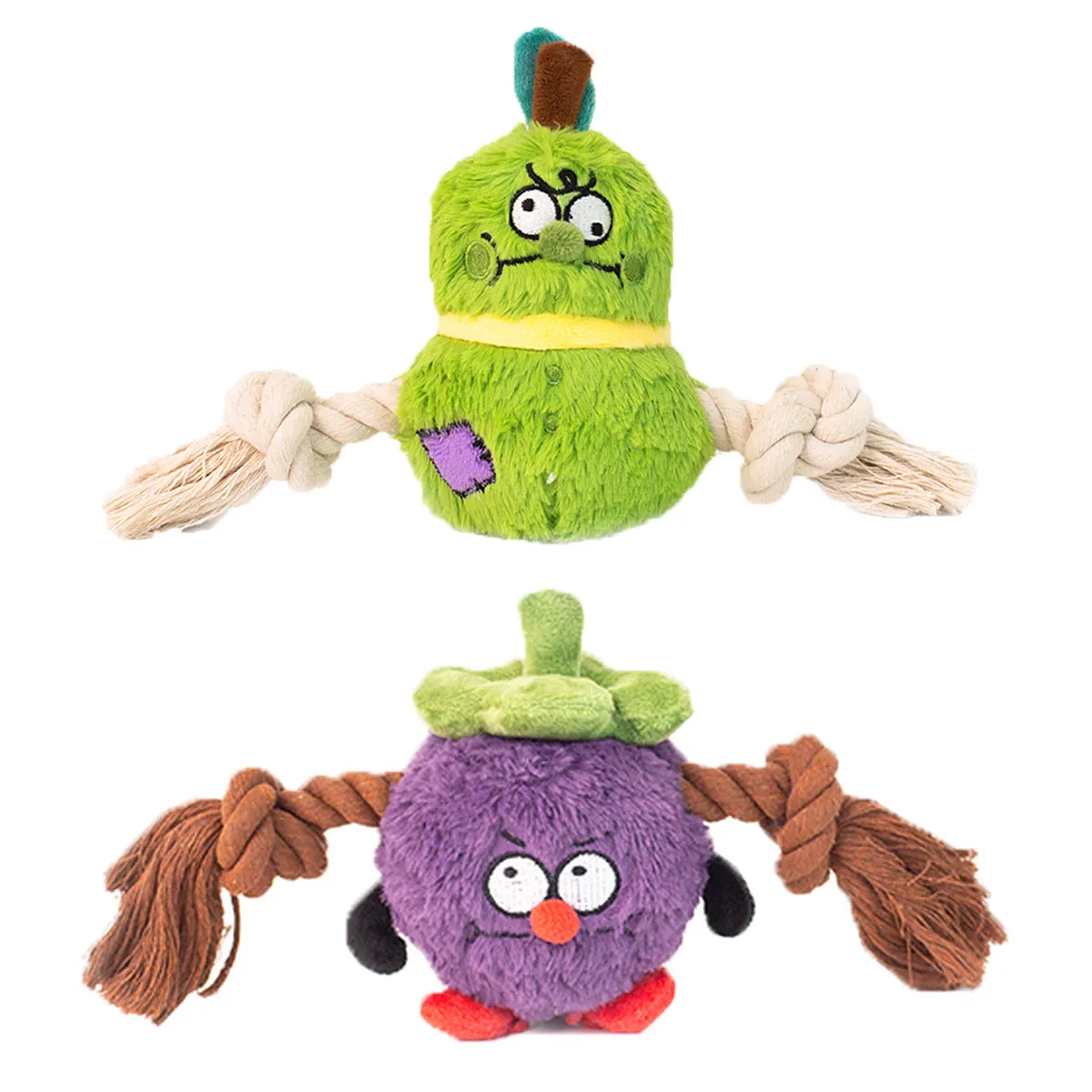 Green and purple interactive dog tug toy with long knotted rope and plush section