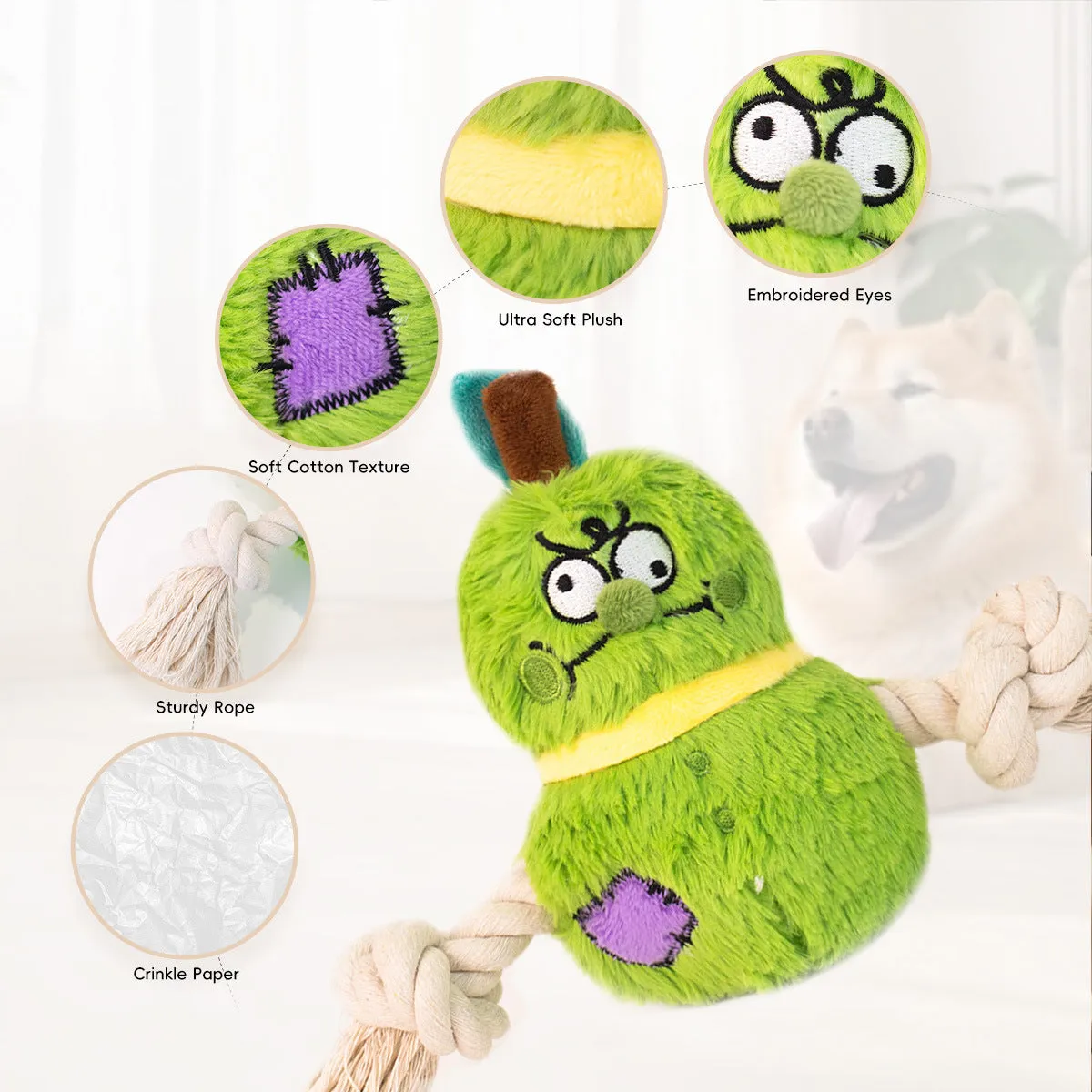 Green and purple interactive dog tug toy with long knotted rope and plush section