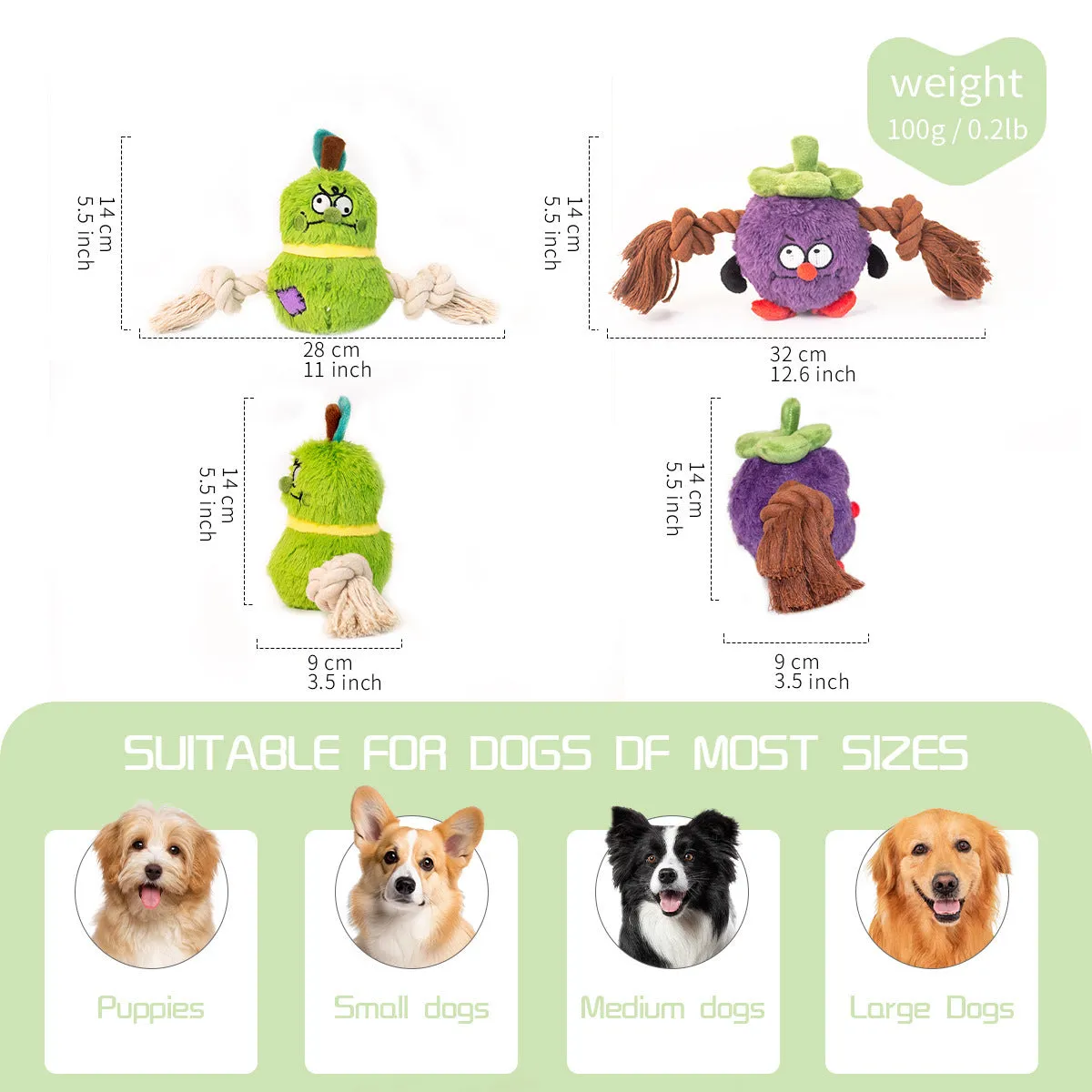 Green and purple interactive dog tug toy with long knotted rope and plush section