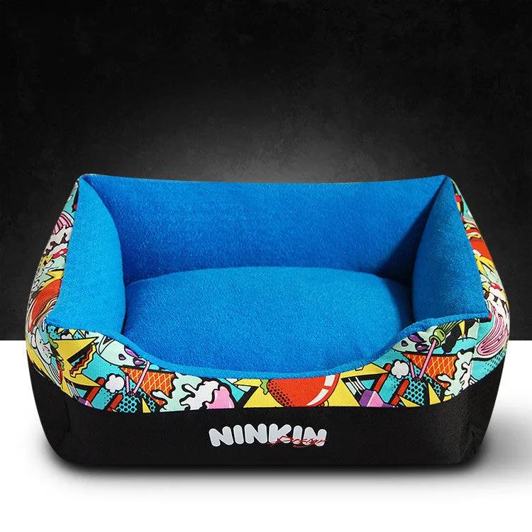 Pet litter mat in dark red cloth placed under a litter box to trap litter and debris