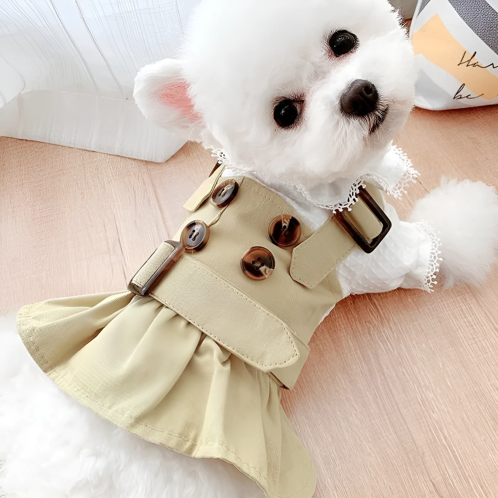 Khaki trench coat and button skirt couple outfit set in polyester fabric, casual style for men and women