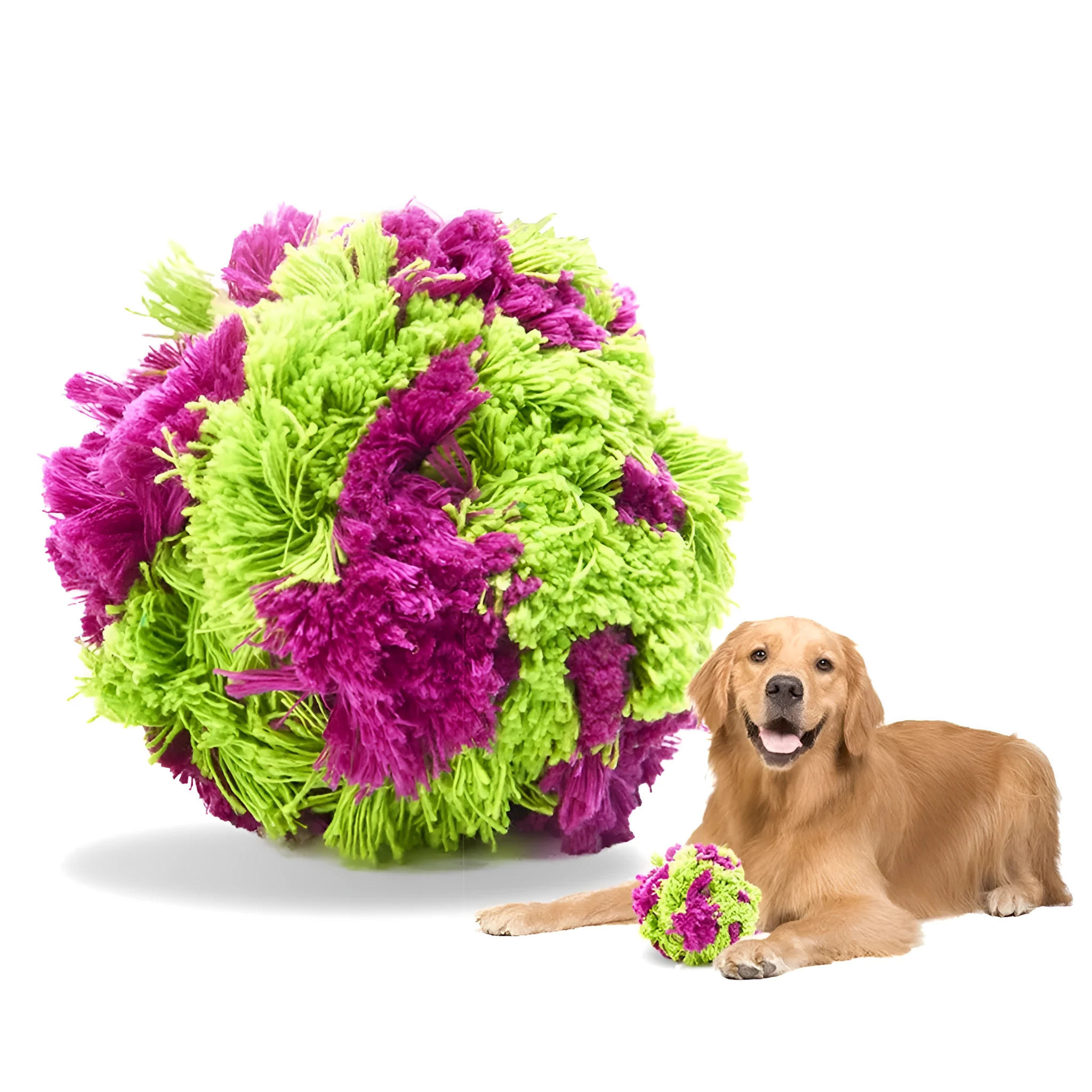 Purple plush dog toy ball with textured sea urchin design measuring 15cm diameter