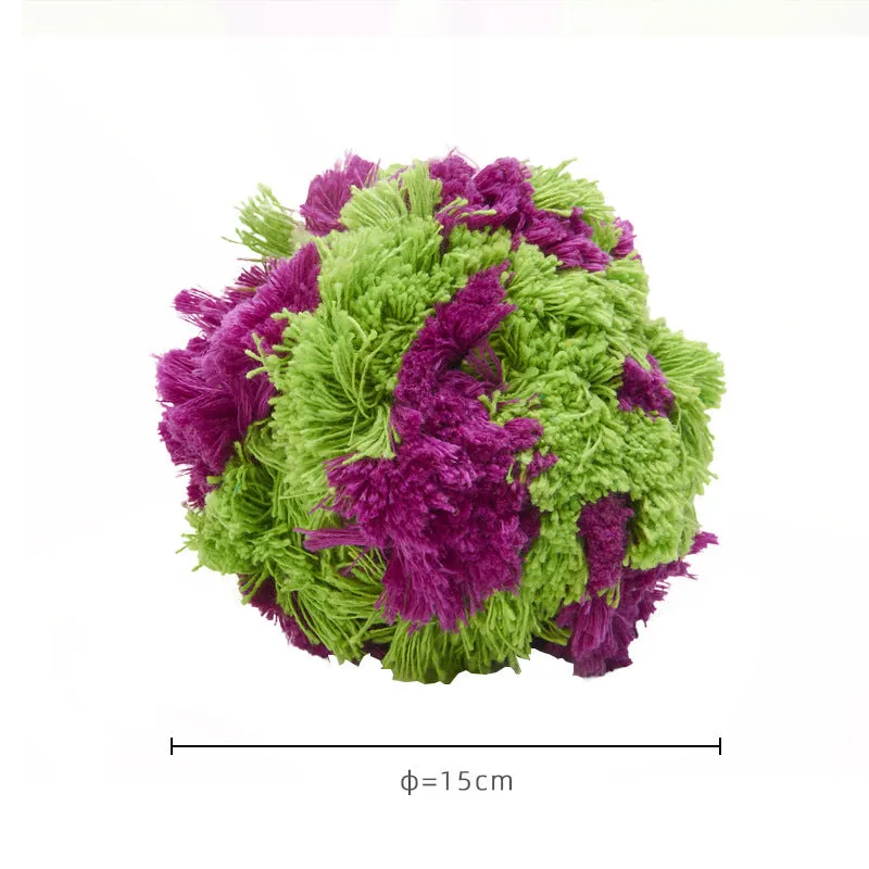 Purple plush dog toy ball with textured sea urchin design measuring 15cm diameter