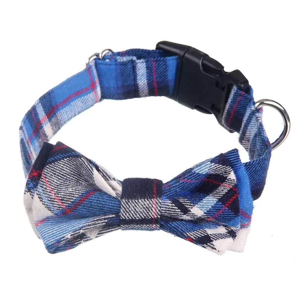 Cloth grid pattern dog bow collar in blue with S size for small to medium dogs