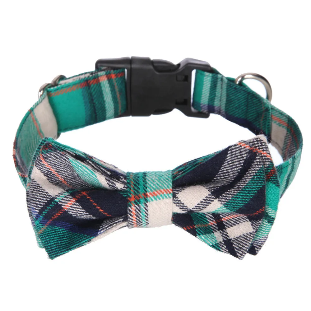 Cloth grid pattern dog bow collar in blue with S size for small to medium dogs