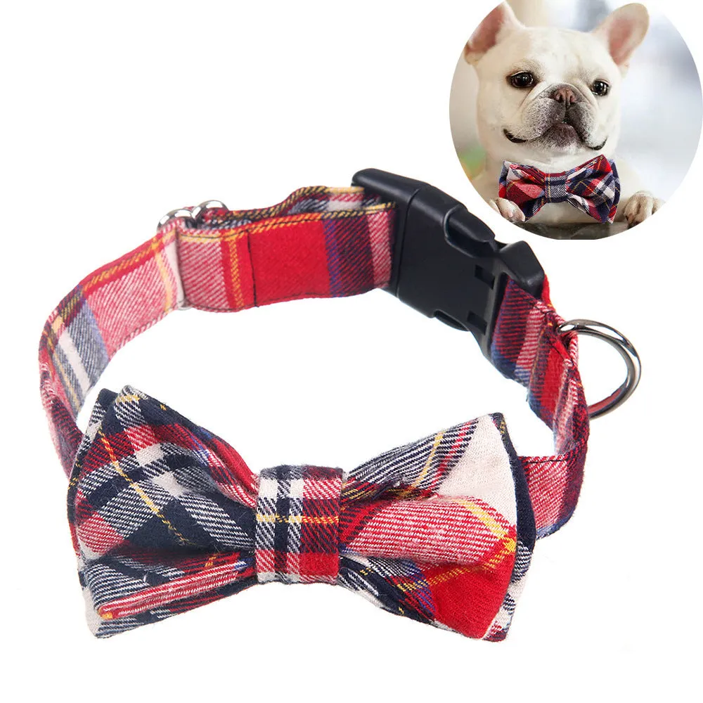 Cloth grid pattern dog bow collar in blue with S size for small to medium dogs