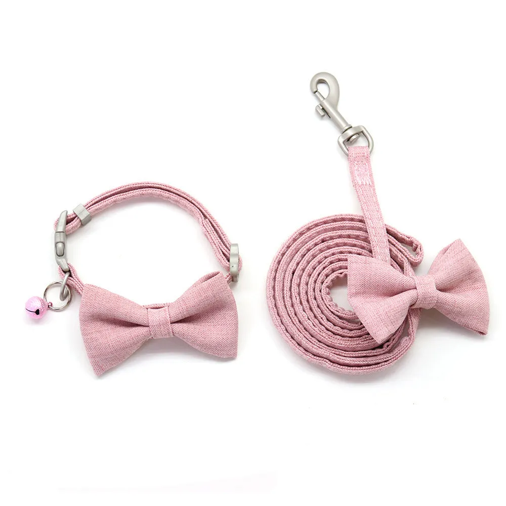 Cotton bow tie dog collar leash with adjustable buckle, pink, on a dog walking with 1.2 metre rope