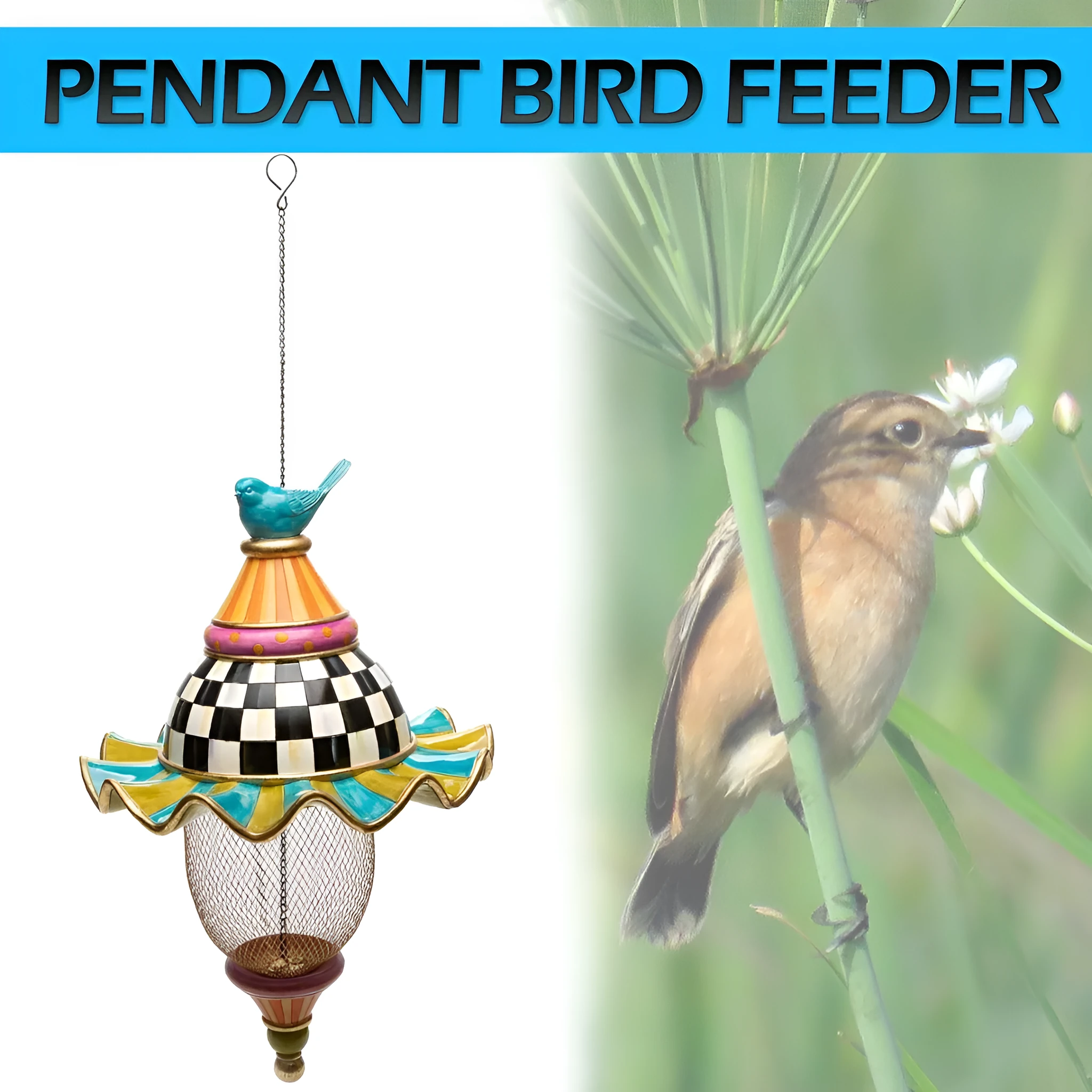 Iron metal bird feeder with creative pattern hanging from tree branch in garden