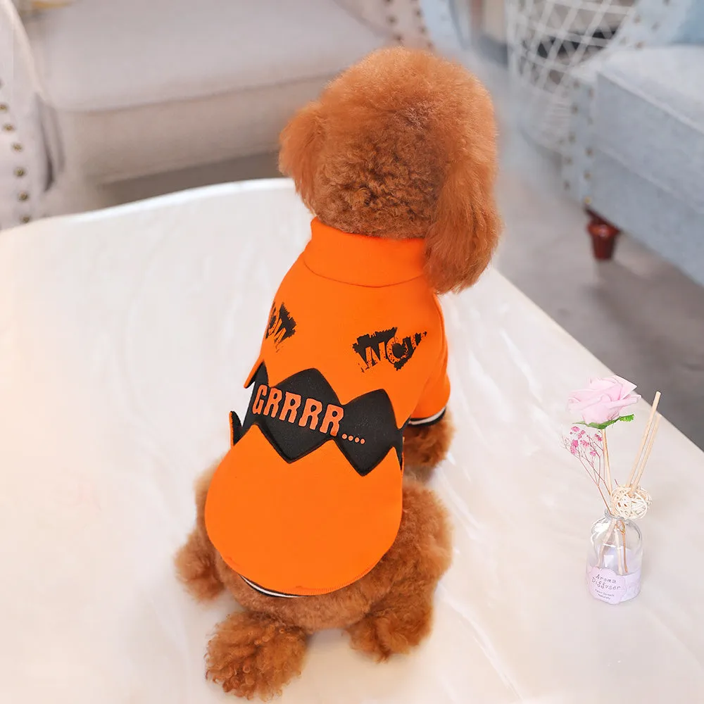 Orange cloth Halloween pumpkin costume for dogs shown on a pet with collar and back measurements from XS to XXL