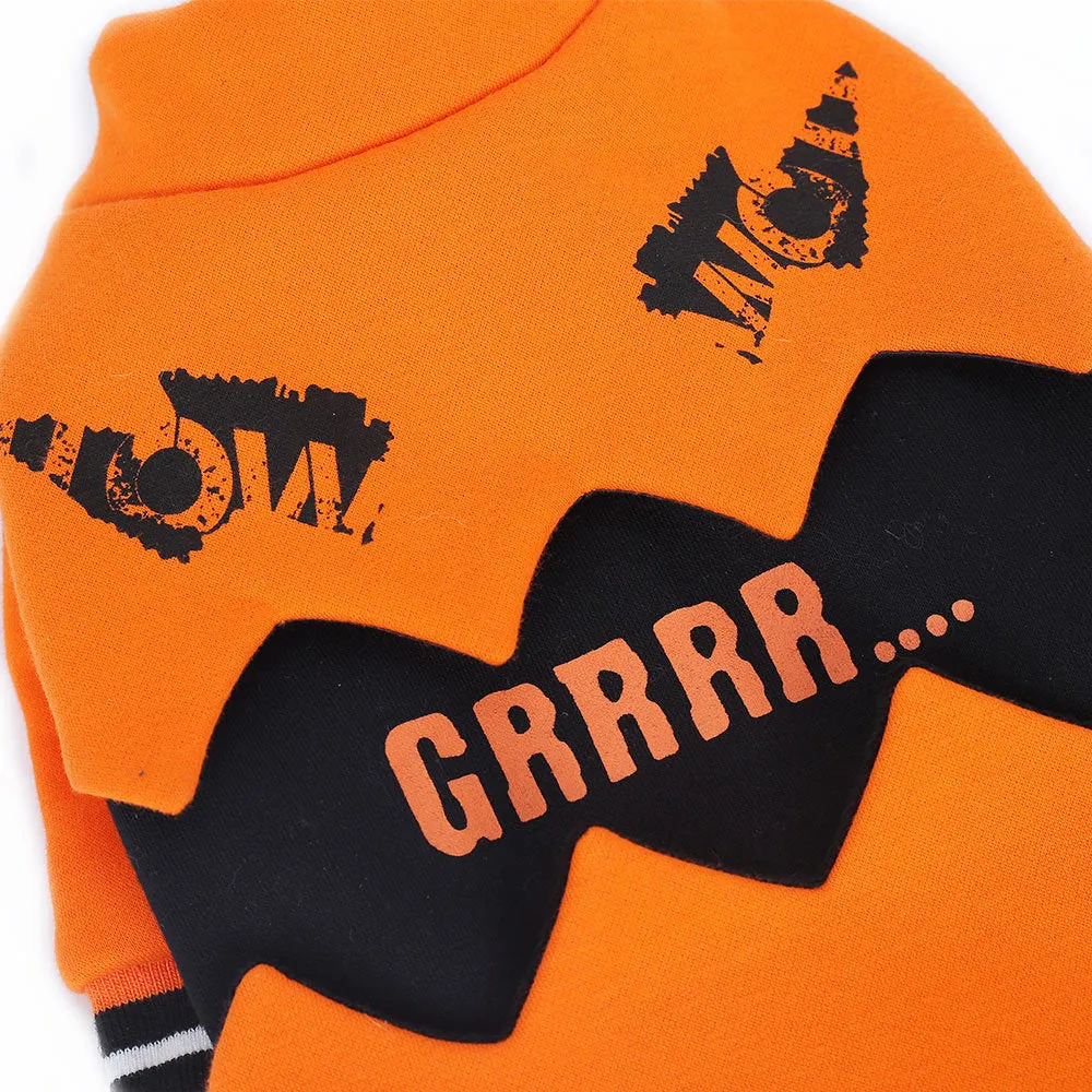 Orange cloth Halloween pumpkin costume for dogs shown on a pet with collar and back measurements from XS to XXL