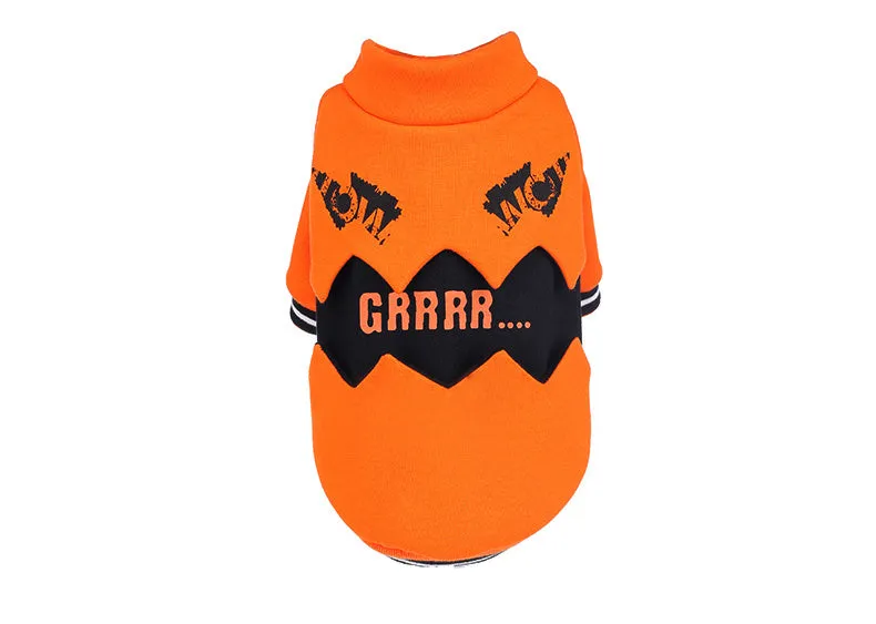 Orange cloth Halloween pumpkin costume for dogs shown on a pet with collar and back measurements from XS to XXL