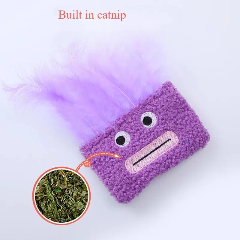 Catnip plush toy with big mouth explosion head shape in blue, green, orange, and purple colour options