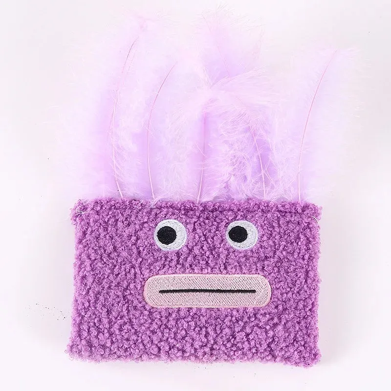 Catnip plush toy with big mouth explosion head shape in blue, green, orange, and purple colour options