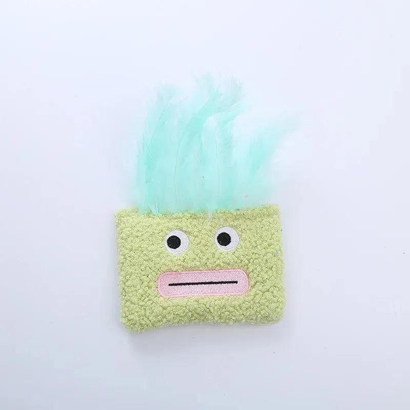 Catnip plush toy with big mouth explosion head shape in blue, green, orange, and purple colour options