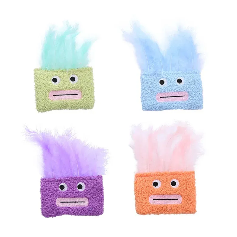 Catnip plush toy with big mouth explosion head shape in blue, green, orange, and purple colour options