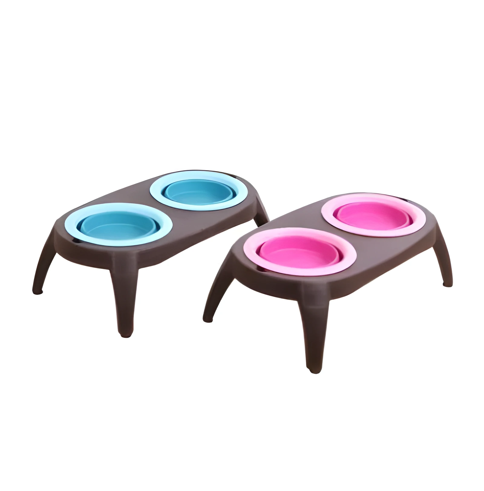 Grey folding pet double bowl made from PP and TPR with non-slip base, packed flat at 38.5 x 21.5 x 12.5 cm