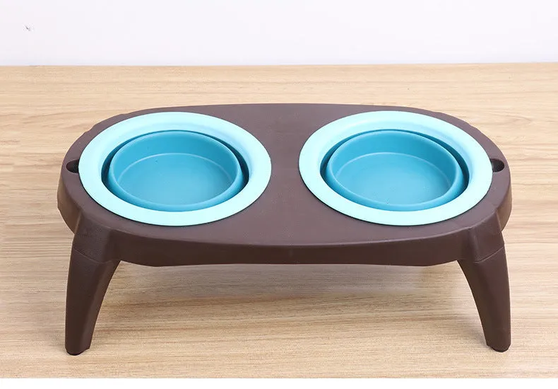 Grey folding pet double bowl made from PP and TPR with non-slip base, packed flat at 38.5 x 21.5 x 12.5 cm