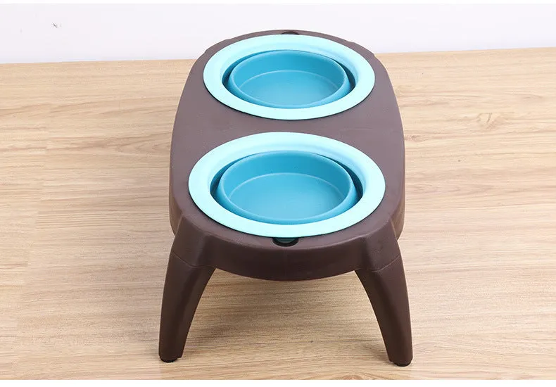 Grey folding pet double bowl made from PP and TPR with non-slip base, packed flat at 38.5 x 21.5 x 12.5 cm