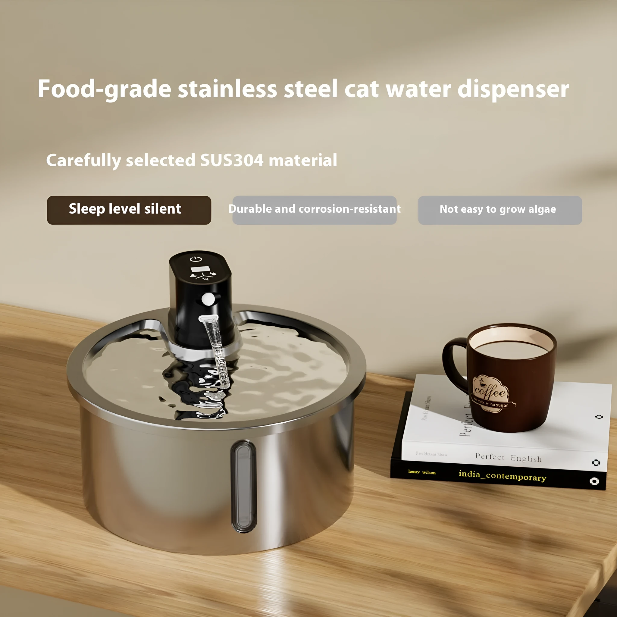 Stainless steel pet water fountain with digital temperature base in black or white.