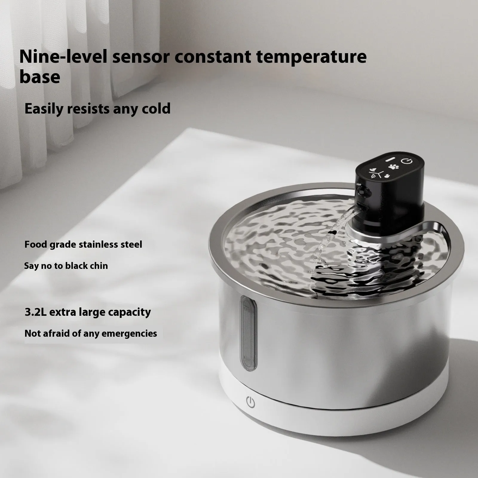 Stainless steel pet water fountain with digital temperature base in black or white.