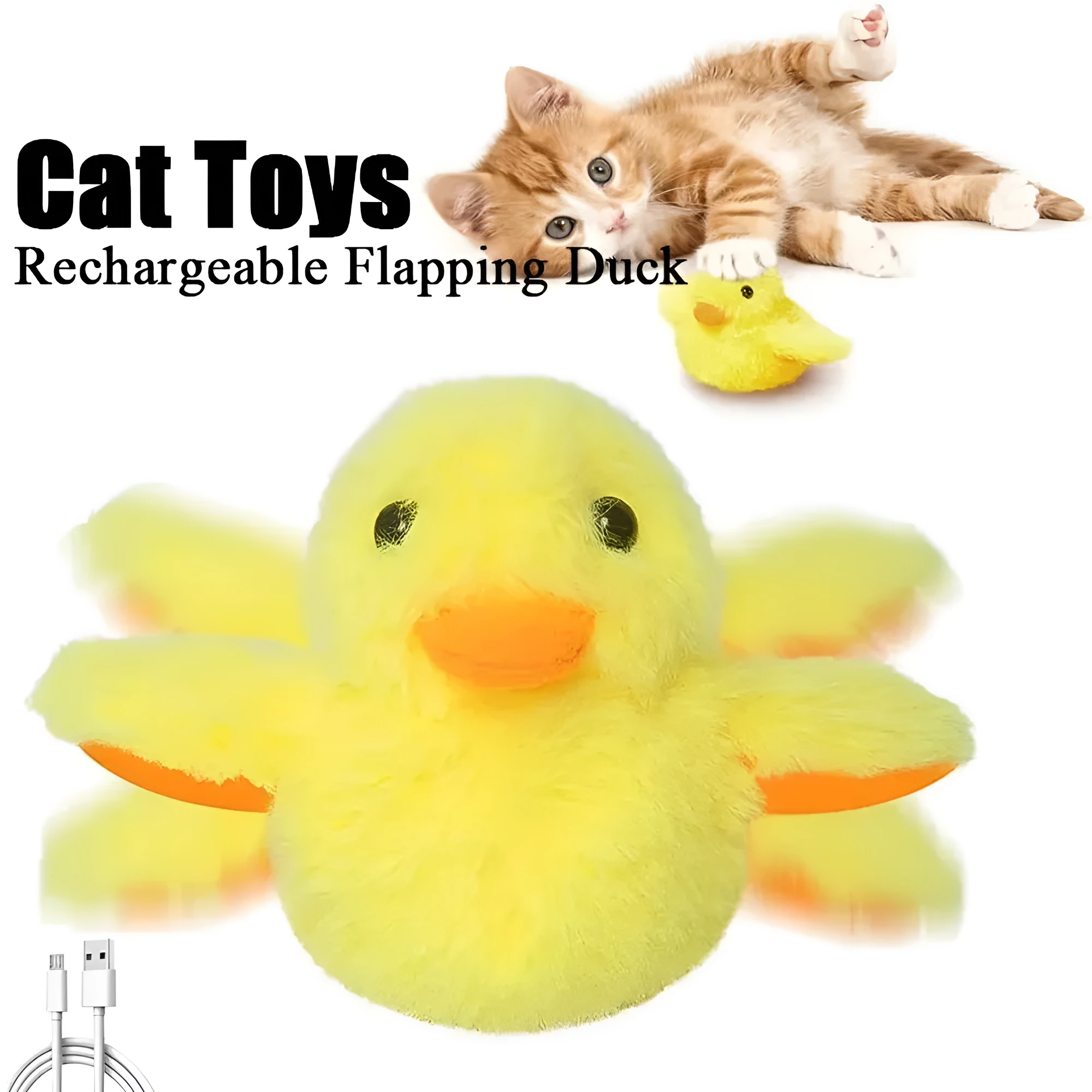 Yellow flapping duck electronic cat toy with removable plush cover on a plain background