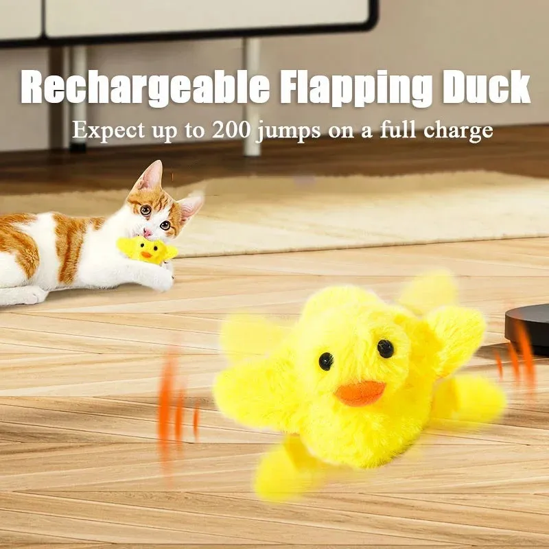 Yellow flapping duck electronic cat toy with removable plush cover on a plain background