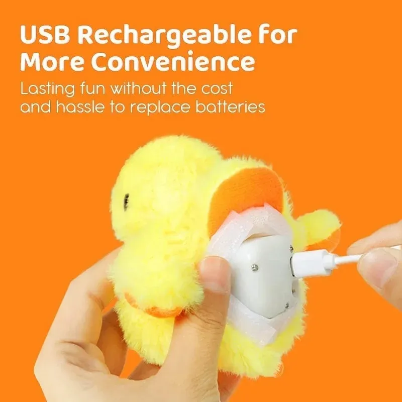 Yellow flapping duck electronic cat toy with removable plush cover on a plain background