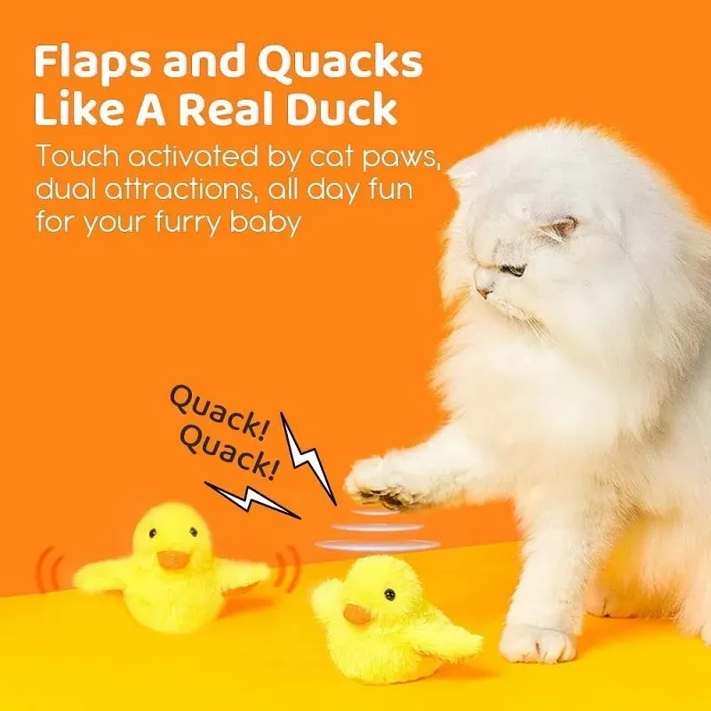 Yellow flapping duck electronic cat toy with removable plush cover on a plain background