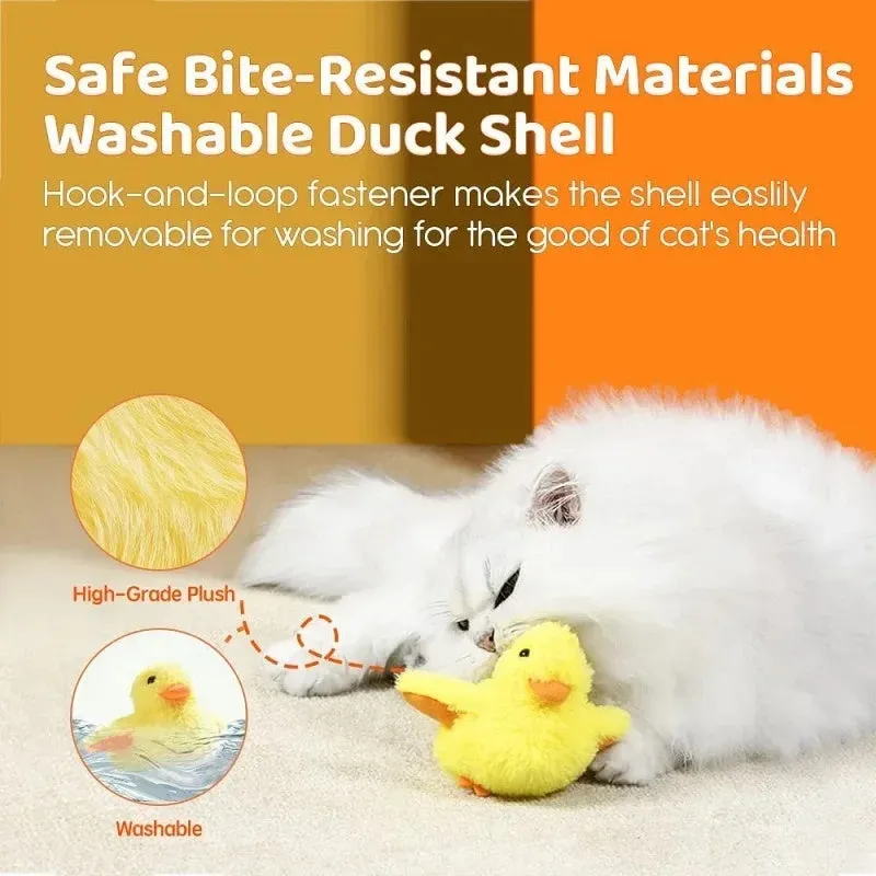 Yellow flapping duck electronic cat toy with removable plush cover on a plain background