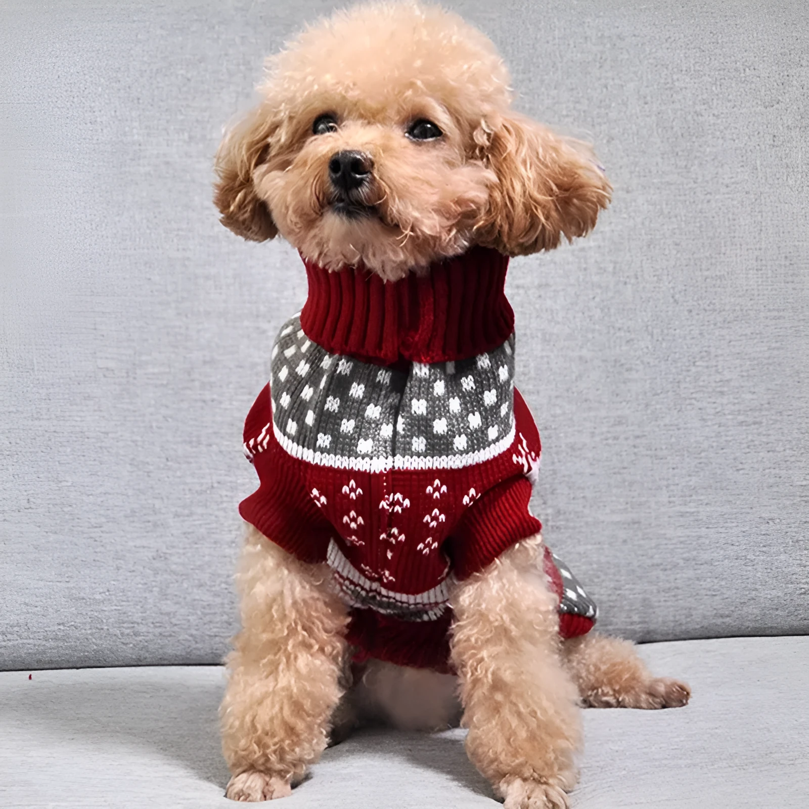 Christmas Maple Snowflake Turtleneck Knitted Sweater for dogs in Red Leaf colour, wool knit fabric