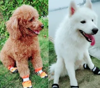 Winter dog shoes reflective waterproof pet boots with fleece lining in black, orange, and red