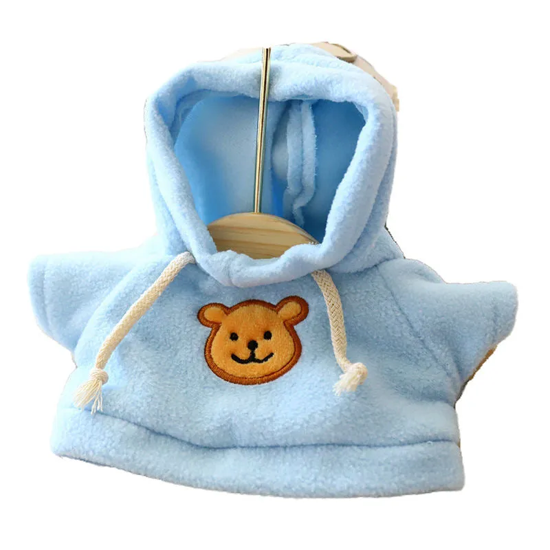 Blue dog hoodie sweater on a small dog, showing the hood and front opening.