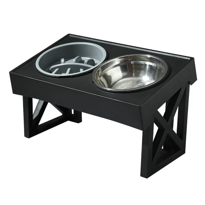 Adjustable elevated stainless steel anti-choke slow food dog bowl with double bowl set on floor