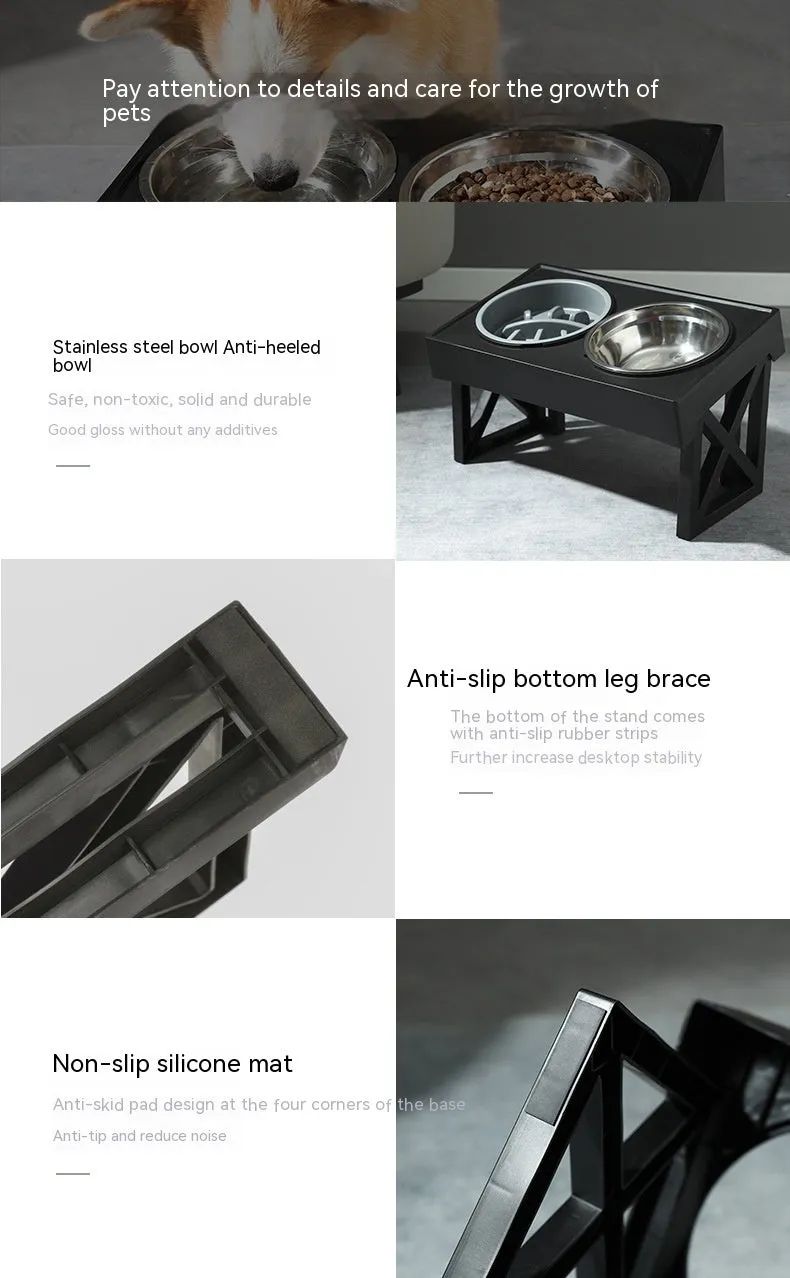 Adjustable elevated stainless steel anti-choke slow food dog bowl with double bowl set on floor