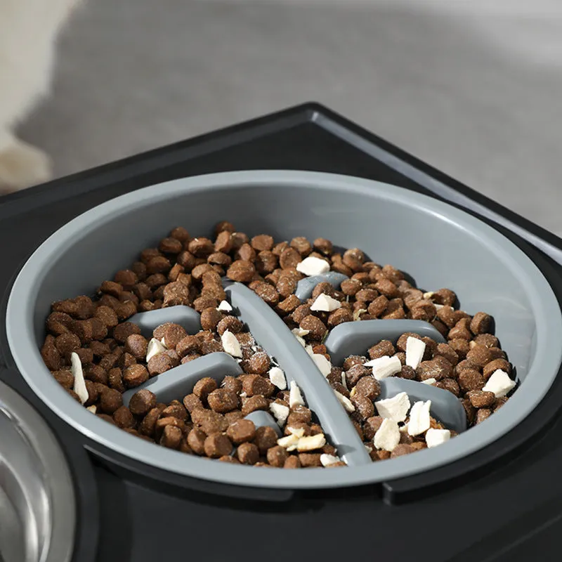 Adjustable elevated stainless steel anti-choke slow food dog bowl with double bowl set on floor