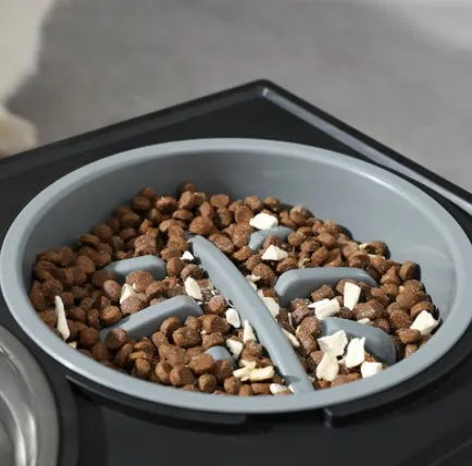 Adjustable elevated stainless steel anti-choke slow food dog bowl with double bowl set on floor