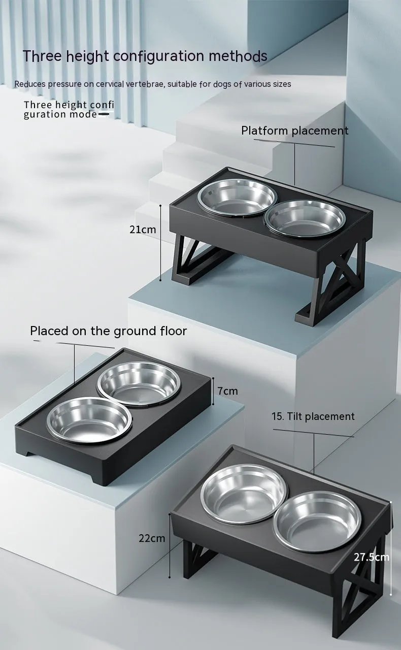 Adjustable elevated stainless steel anti-choke slow food dog bowl with double bowl set on floor
