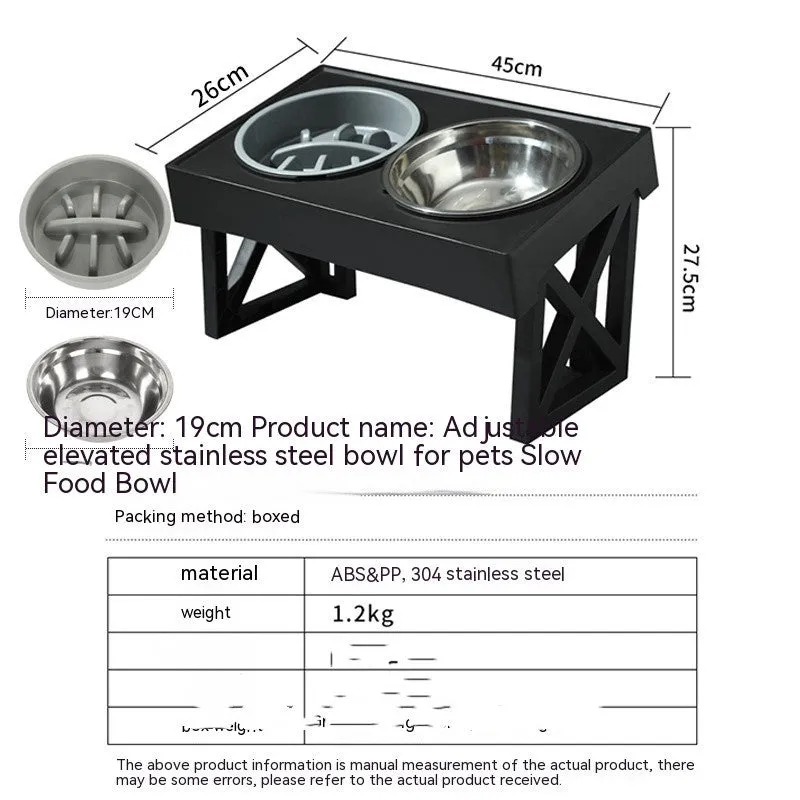 Adjustable elevated stainless steel anti-choke slow food dog bowl with double bowl set on floor