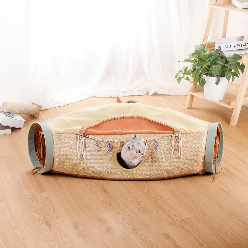 Avocado cat tunnel toy with drill hole made from polyester and nylon on a light background