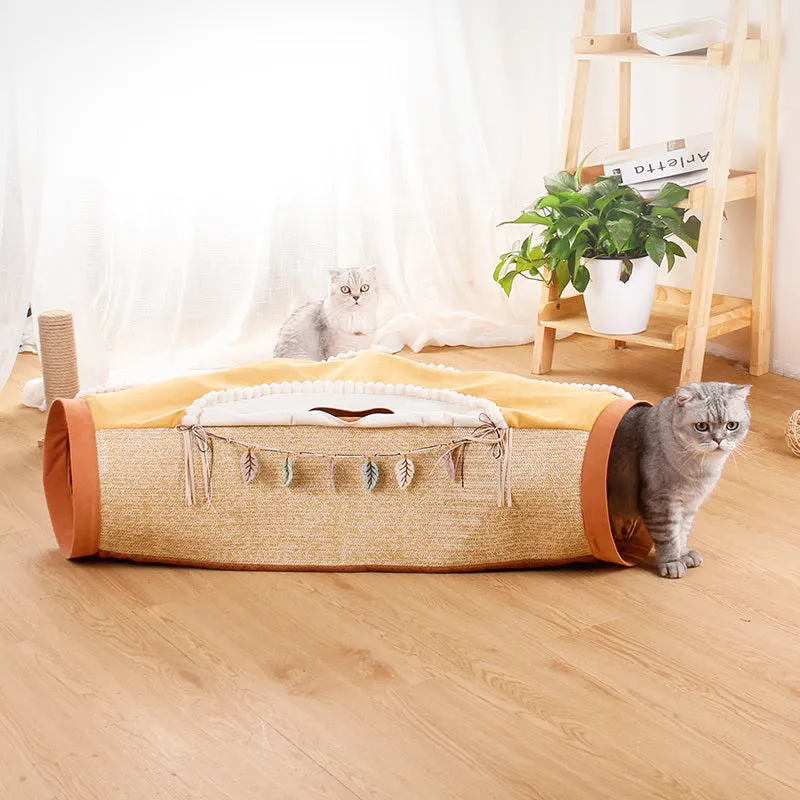 Avocado cat tunnel toy with drill hole made from polyester and nylon on a light background