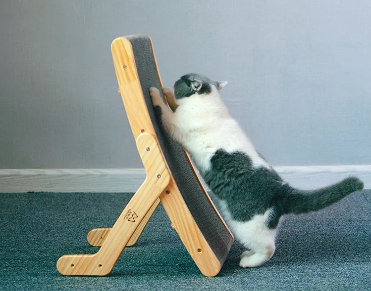 Corrugated cat scratch board with solid wood frame, 55cm by 32.5cm by 13cm, on a wooden floor