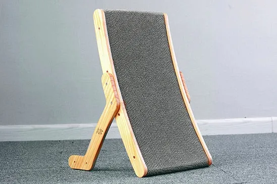 Corrugated cat scratch board with solid wood frame, 55cm by 32.5cm by 13cm, on a wooden floor