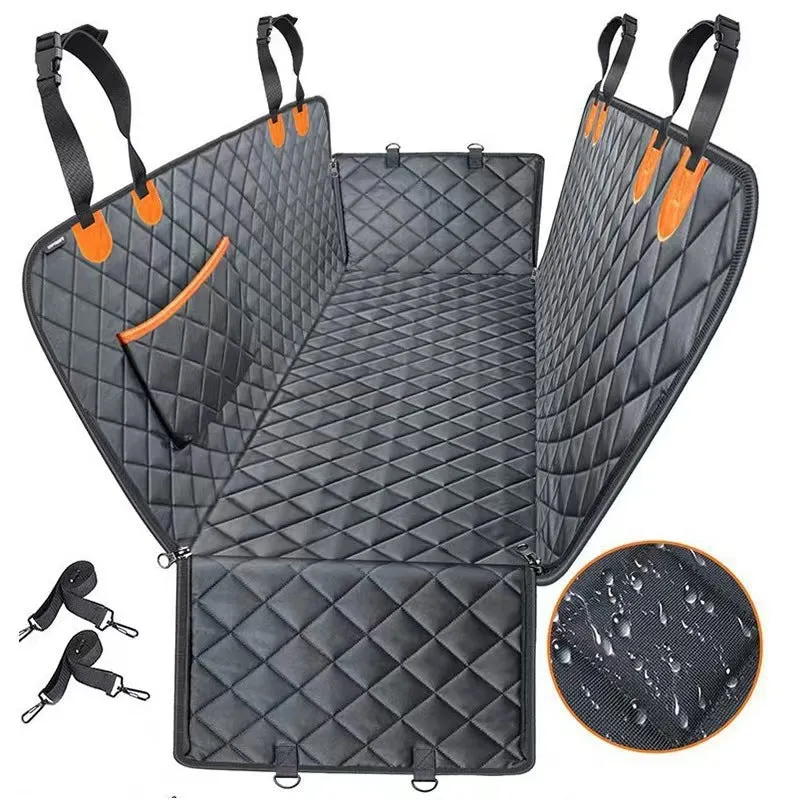 Pet car rear seat cushion cloth orange with pocket 137x147cm anti-bite water resistant dog seat cover