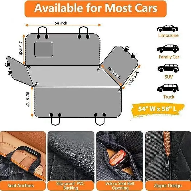 Pet car rear seat cushion cloth orange with pocket 137x147cm anti-bite water resistant dog seat cover