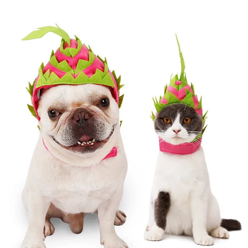 Pitaya fruit design pet hat in pink and green, soft velvet with felt embellishment, side view on a dog