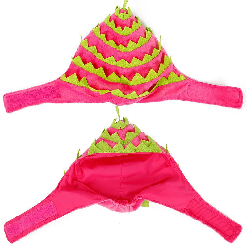 Pitaya fruit design pet hat in pink and green, soft velvet with felt embellishment, side view on a dog