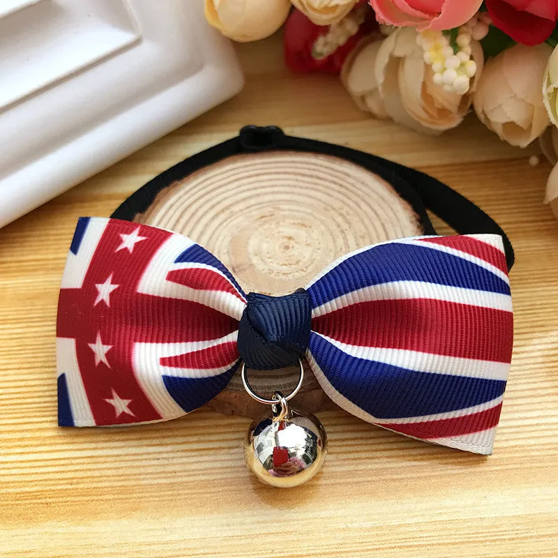 Pet dog cat bow tie collar with bell, polyester, 8.5cm size, blue colour, on small pet